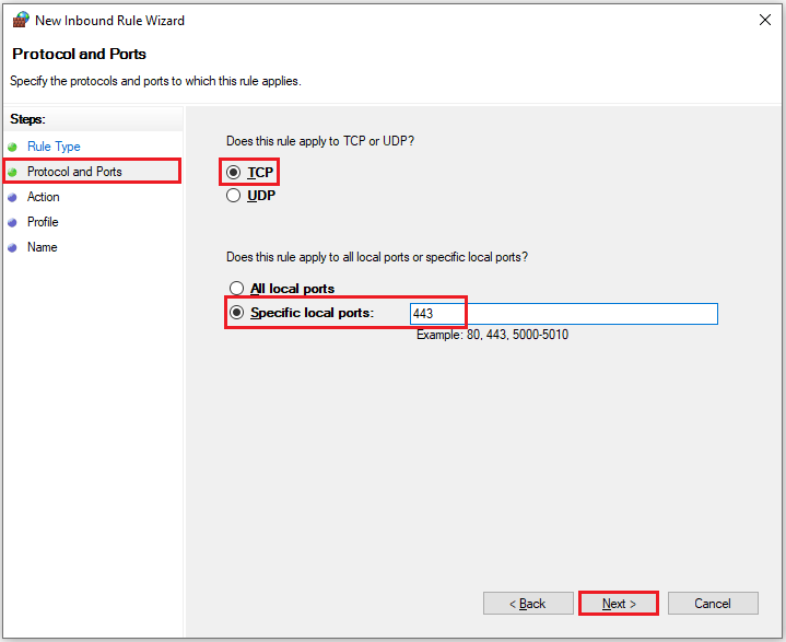 Protocol and Ports TCP 443