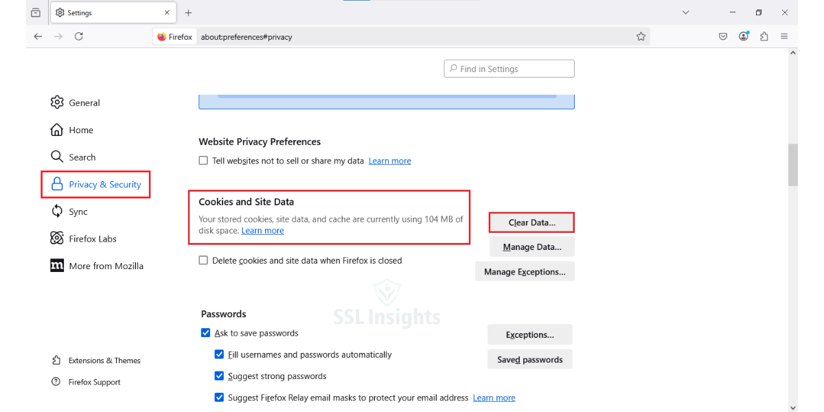 Firefox Cookies and Site Data Clear Data