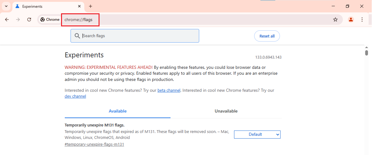 Chrome Flags in Browser Bar