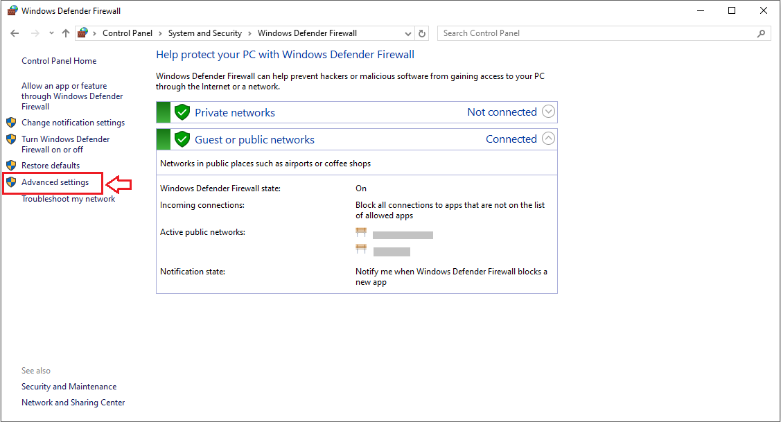 Windows Defender Firewall Advanced Settings